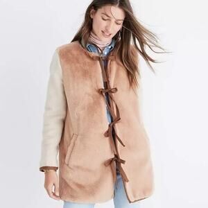 Madewell Brown Beige Colorblock Faux Mink Fur Long Length Ribbon Tie Jacket